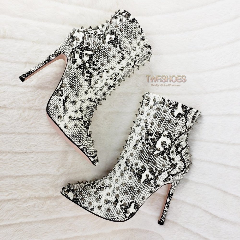 Passion Off White Black Snake Spiked 4.5" High Heel Ankle Boots